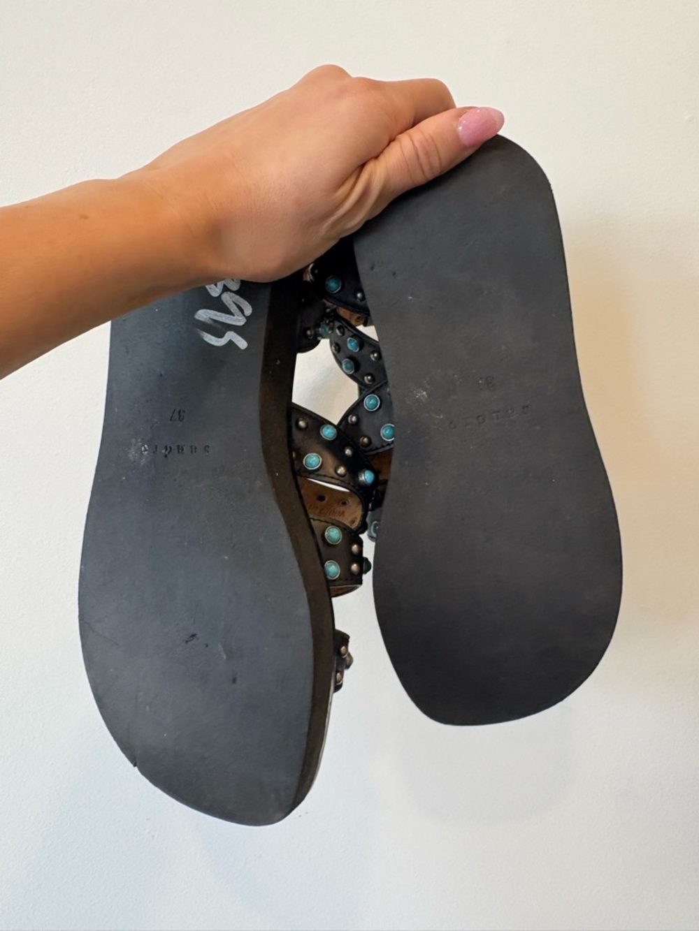 Sandro brown Leather Studded Ankle-Strap Sandals with Turquoise Accents eu 37 - Picture 5 of 6